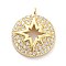Brass Micro Pave Clear Cubic Zirconia Pendants, Long-Lasting Plated, Flat Round with Star, Real 18K Gold Plated, 16x14x3mm, Hole: 1.2mm