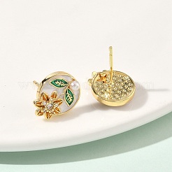 Овальные серьги-гвоздики с цветком из латуни с микропаве из кубических цирконий&nbsp;EJEW-P336-02G