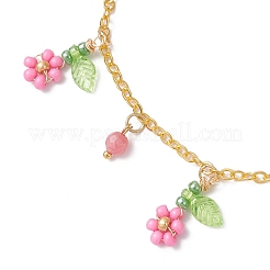 Браслеты на ногу из латунной цепочки с кисточками из натурального гаулита и стеклянных бусин круглой огранки с цветком для женщин AJEW-MZ00007-02