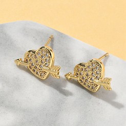 Серьги-гвоздики из латуни с микро-паве и прозрачным фианитом в форме сердца&nbsp;EJEW-A132-08G