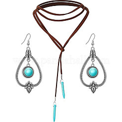 Комплекты из серег из сплава и синтетической бирюзы и ожерелий из кожаных шнуров FS-WG48C4B-03