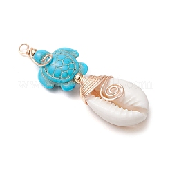 Синтетическая бирюзовая бусина с натуральными смешанными бусинами из ракушек каури и подвесками из экологически чистой медной проволоки и латунных бусин PALLOY-TA00233-02