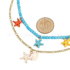 Подвеска из эмали и окрашенной синтетической бирюзы с морскими звездами и натуральными ракушками каури NJEW-JN05466