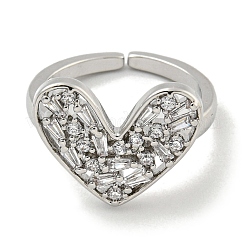 Открытое кольцо-манжета для женщин из латуни с микро-паве и цирконием в форме сердца для женщин&nbsp;RJEW-E296-05P