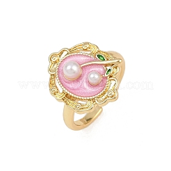Латунные перламутровые розовые эмалевые цветочные кольца-манжеты RJEW-C139-18A-G