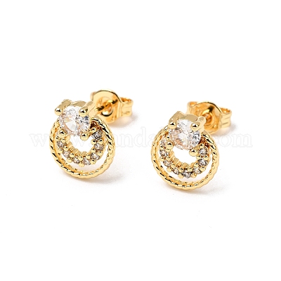 Плоские круглые серьги-гвоздики из латуни с микропаве и цирконием EJEW-A135-05G-1