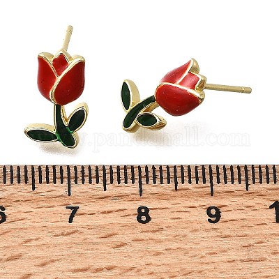 Серьги-гвоздики с цветком из латуни и эмали EJEW-P322-05G-1