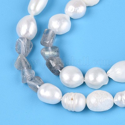 Натуральные самородки лабрадорита и нити бусин из натурального культивированного пресноводного жемчуга PEAR-N023-01A-17-1