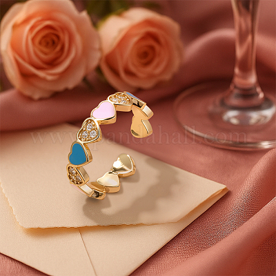 4 шт. 2-цветные латунные кольца-манжеты с микропаве из прозрачного кубического циркония и эмалью для женщин RJEW-HY0001-33-1