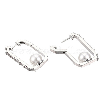 Прямоугольные серьги из прозрачного кубического циркония с пластиковыми жемчужными серьгами-кольцами EJEW-N011-117P-1