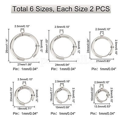 12 шт. 6 стиля фурнитуры для сережек-колец из нержавеющей стали 201 STAS-DC0005-39-1