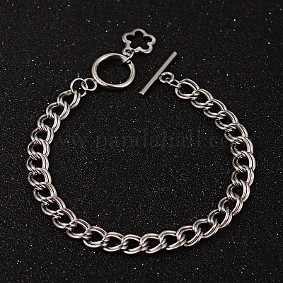 Устойчивые к потускнению браслеты-цепочки с цветком из нержавеющей стали 304 с двойным звеном BJEW-K064-P-1