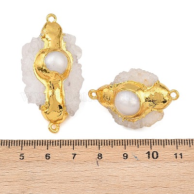 Плоские круглые подвески-соединители из натурального жемчуга и необработанного натурального кварца KK-H516-08G-1