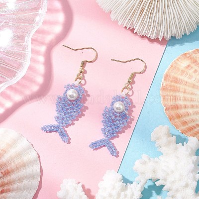 Серьги-подвески из стеклянных бусин в форме рыбьей кости EJEW-MZ00439-03-1