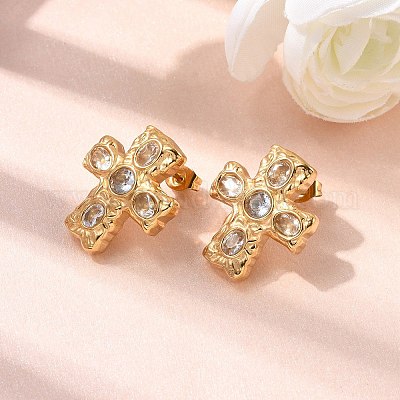 6 пара серег-гвоздиков с крестом из нержавеющей стали 304 с кубическим цирконием EJEW-P330-01A-1