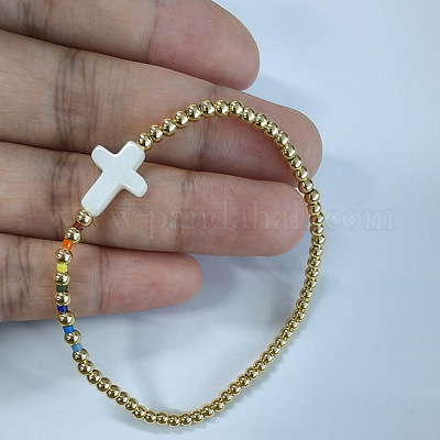 Летние браслеты-растяжки из латуни и ракушек с крестообразными бусинами CN4982-1