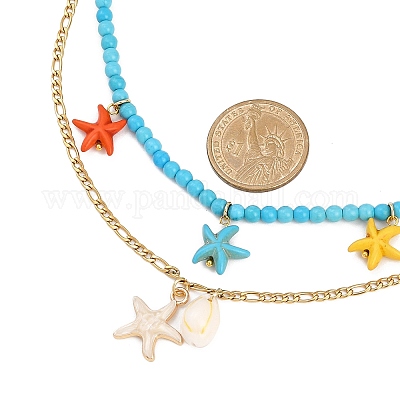 Подвеска из эмали и окрашенной синтетической бирюзы с морскими звездами и натуральными ракушками каури NJEW-JN05466-1