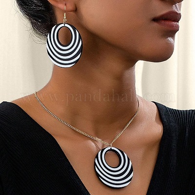 Комплект из круглого акрилового кулона в стиле бохо с узором «зебра» и висячих серег FS-WG10A75-01-1