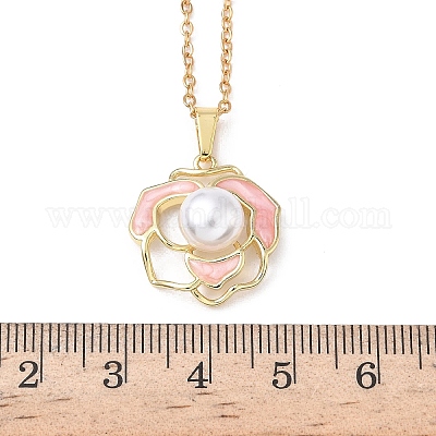 Женское ожерелье из нержавеющей стали 304 с подвеской в виде розового цветка из латуни и эмали NJEW-D341-04G-1