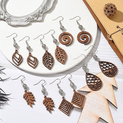 6 пара 6 стилей сережек-подвесок из натурального орехового дерева с бусинами из сплава для женщин EJEW-JE06102-1