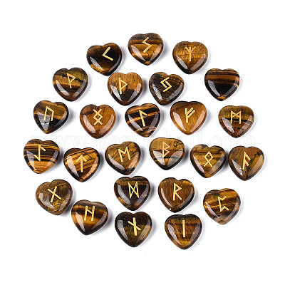 25 шт. натуральный рунический камень в форме сердца из тигрового глаза с гравировкой алфавита старшего футарка G-T144-02B-1