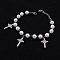 Vintage Stainless Steel St. Benedict Cross Charm Bracelets, Imitation Pearl Beads Bracelets for Women, White, 7-1/2 inch(19cm)