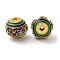 Alloy Enamel Beads, Round with Flower, Golden, Green, 12x11mm, Hole: 2mm