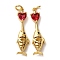 Brass Pave Cubic Zirconia Pendants, with Jump Ring, Fish with Heart Charms, Rack Plating, Long-Lasting Plated, Lead Free & Cadmium Free, Real 18K Gold Plated, Medium Violet Red, 30x7.5x3mm, Hole: 3.5mm