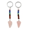 Natural Rose Quartz Cone Pendant Keychain, with 7 Chakra Gemstone Beads and Platinum Tone Brass Findings, 108mm