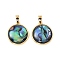 Natural Paua Shell Flat Round Pendants, with Brass Settings, Real 18K Gold Plated, 17x15x4mm, Hole: 4.5x2.5mm