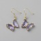 Cubic Zirconia Butterfly Dangle Earrings, Golden Brass Earrings, Violet, 40mm
