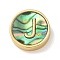 Brass Beads, with Resin Imitation Paua Shell, Flat Round, Real 14K Gold Plated, Letter J, 13.5x4mm, Hole: 1.6mm
