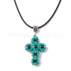 Ожерелья с подвесками в виде креста из стеклянных бусин и синтетического синего золота&nbsp;NJEW-MZ00103-04