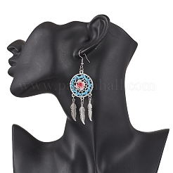 Плоские круглые с перьями стеклянные бусины ручной работы серьги-люстры&nbsp;EJEW-MZ00473-04