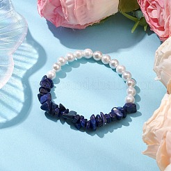 Женские эластичные браслеты из натурального лазурита и круглой жемчужной ракушки&nbsp;BJEW-JB10552-01