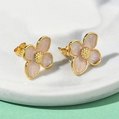 Цветок латунь эмаль серьги стержня&nbsp;EJEW-P341-03G-04