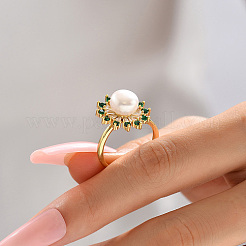 Латунное кольцо на палец с микро паве зеленого фианита с цветком&nbsp;KF3453-1