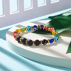 Круглый эластичный браслет с лэмпворком и натуральной лавовой породой от сглаза BJEW-JB07870