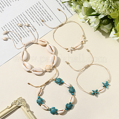 4шт 4 стиля браслетов из натуральных ракушек и синтетической бирюзы с плетением&nbsp;BJEW-SC0001-54