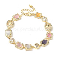 Браслеты-цепочки из латуни с микропаве из кубических цирконий и кошачьего глаза прямоугольной BJEW-G764-08G