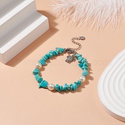 Браслет из синтетической бирюзы (окрашенной) и искусственного жемчуга с подвеской в виде черепахи из сплава BJEW-TA00145