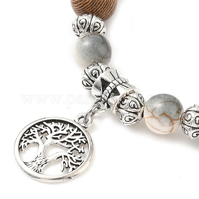 Плоские круглые браслеты с подвесками в виде дерева жизни из сплава BJEW-JB12358-01-1