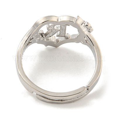 Сердце с буквой и цветком стойка покрытие латунь регулируемые кольца для женщин RJEW-I105-05P-R-1