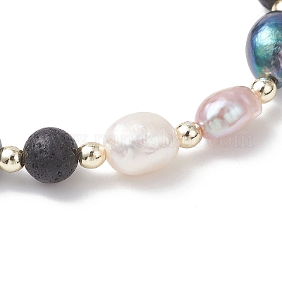 Браслеты из натуральных бусин из пресноводного культивированного жемчуга и лавового камня для женщин BJEW-JB12867-1