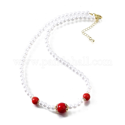 Ожерелья из круглых градуированных бусин из латуни и искусственного жемчуга АБС NJEW-D314-03G-1