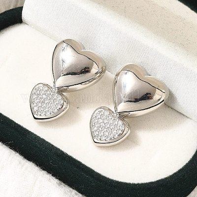 Серьги-гвоздики в форме сердца из латуни с микропаве из прозрачного кубического циркония EJEW-H143-26P-1