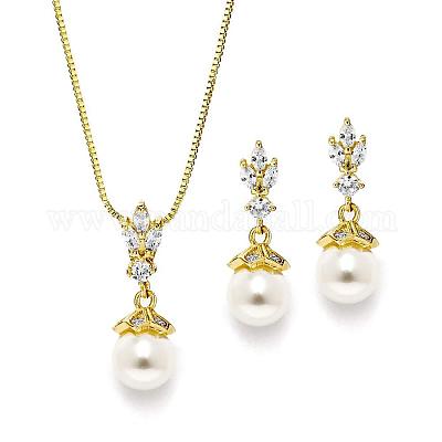 Ожерелье с подвеской и серьгой-гвоздиком из круглой латуни с микропаве из прозрачного кубического циркония и пластиковым жемчугом FS-WG1CF3E-01-1