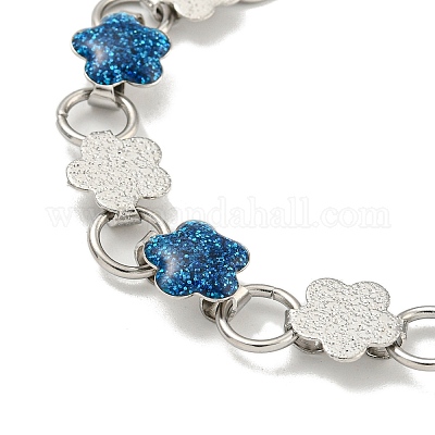 Браслеты-цепочки из нержавеющей стали 304 с эмалированными цветочными звеньями и блестящей пудрой BJEW-S153-05P-01-1