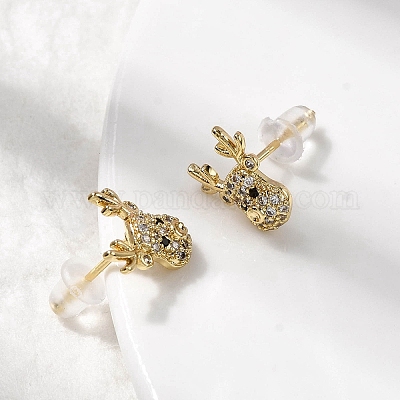 Серьги-гвоздики с оленями из латуни с микропаве из прозрачных кубических цирконий EJEW-A146-03G-1