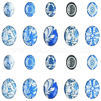 40 шт. 2 стиля цветочных украшений стеклянные овальные плоские кабошоны GGLA-FS0001-10-1